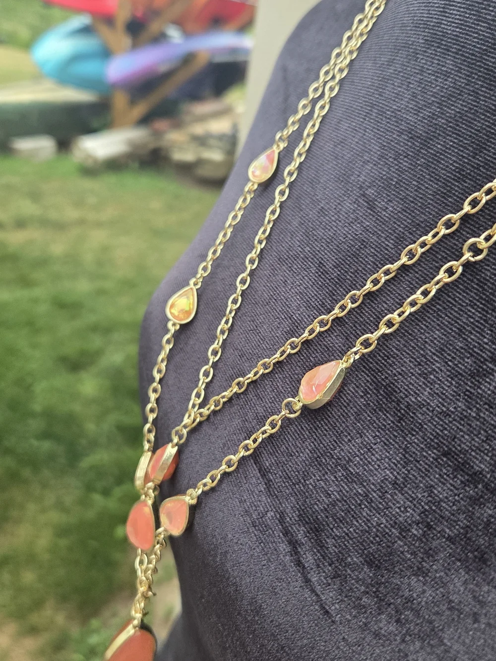 Gold-Tone Layered Necklace with Coral Teardrop Stones